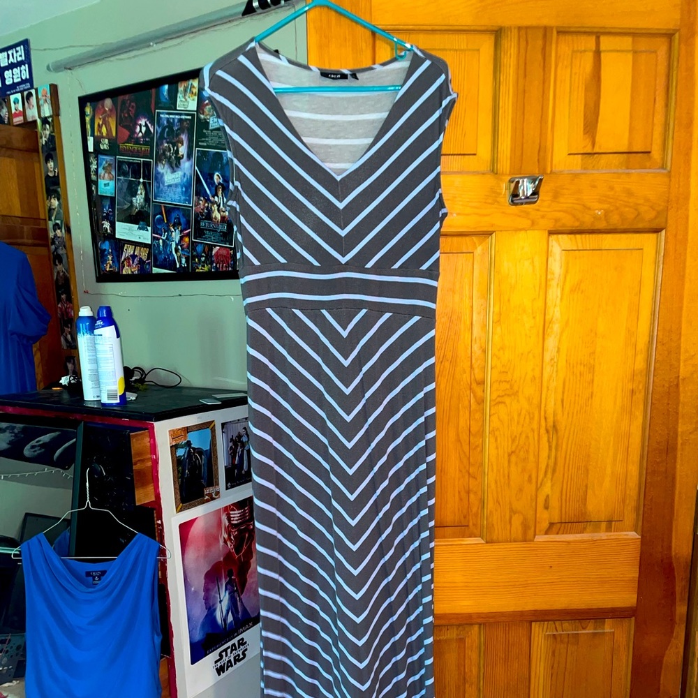 Grey & Teal Striped Maxi Dress